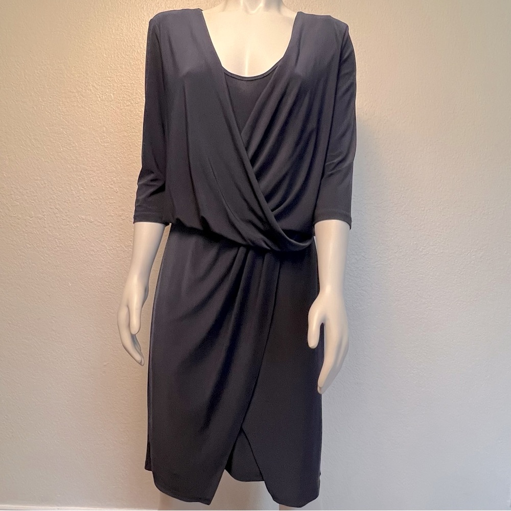 Adrianna Papel Navy Blue Faux Wrap Pleated Draped Dress
